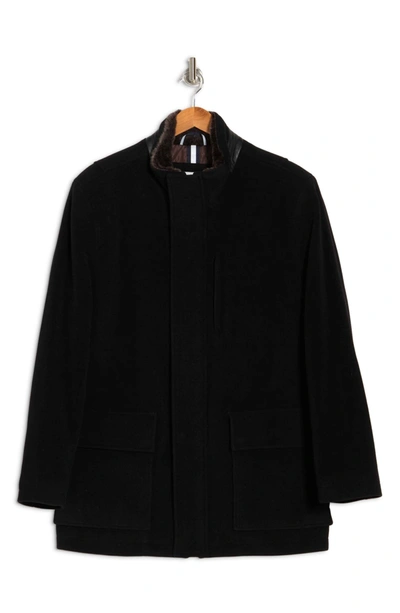 Cole Haan Signature Wool Blend Faux Fur Lined Stand Collar Jacket In Black