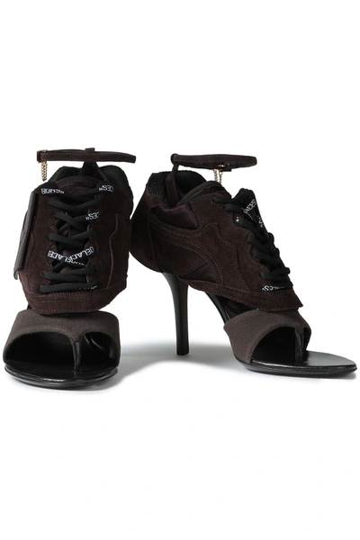 Off-white Heeled Runner Appliquéd Shell, Suede And Leather Sandals In Chocolate