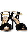 CHARLOTTE OLYMPIA BROADWAY METALLIC LEATHER-TRIMMED KNOTTED VELVET SANDALS,3074457345627491162