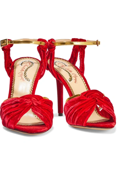 Charlotte Olympia Broadway Metallic Leather-trimmed Knotted Velvet Sandals In Red