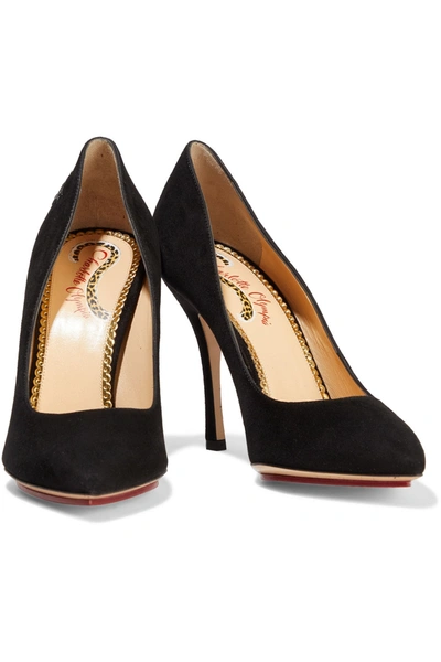 Charlotte Olympia Bacall Embroidered Suede Pumps In Black