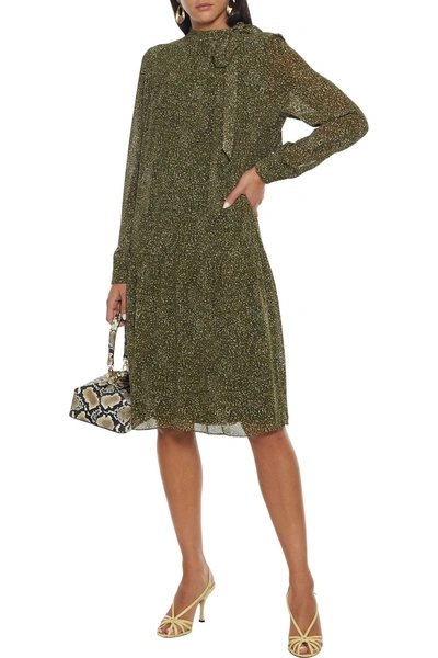 Mikael Aghal Pussy-bow Printed Crepe De Chine Dress In Army Green