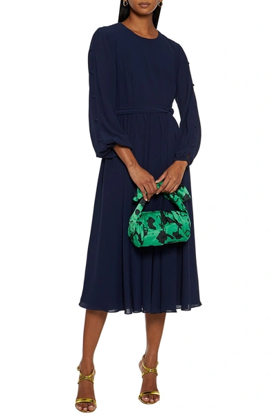 Mikael Aghal Belted Button-detailed Georgette Midi Dress In Navy