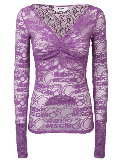 Msgm Blusa Collo V  Pizzo Viola In Purple