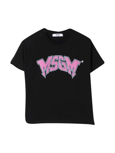 Msgm Kids' Unisex Black T-shirt In Nero/lilla