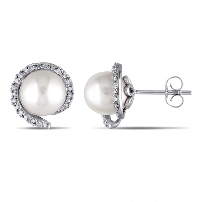 Amour 8 - 8.5 Mm Cultured Freshwater Pearl And 1/10 Ct Tw Diamond Stud Earrings In 10k White Gold In Gold / White