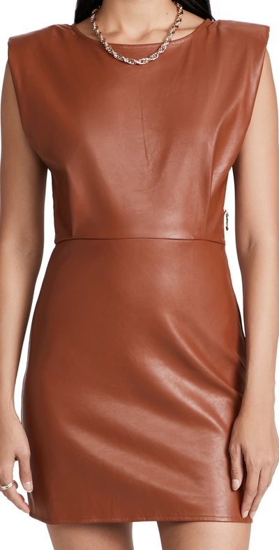 En Saison Padded Shoulder Faux Leather Minidress In Brown