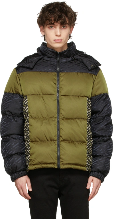 Versace Green & Black Hooded Down Jacket In Black,khaki