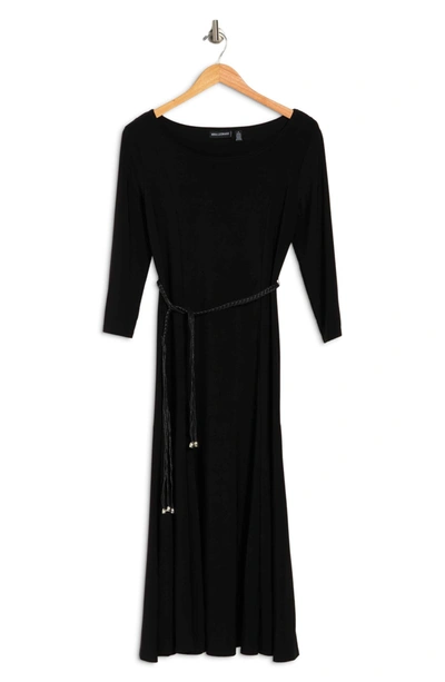 Nina Leonard 3/4 Sleeve Waist Belt Dress In Black