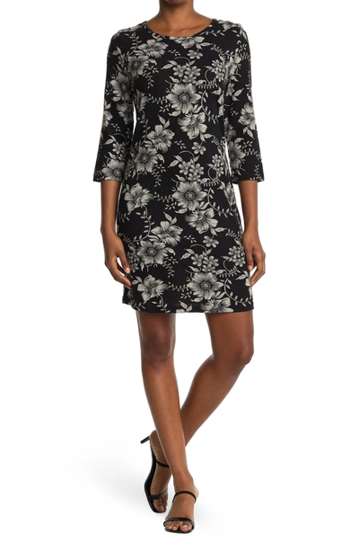 Papillon Floral Print 3/4 Sleeve Shift Dress In Black