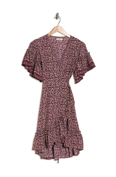 Max Studio Floral Print Wrap Ruffle Dress In Deep Purple/ Clay Floral