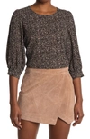 Adrianna Papell Pebbled 3/4 Sleeve Crepe Blouse In Black/ Taupe Dotted Leopard