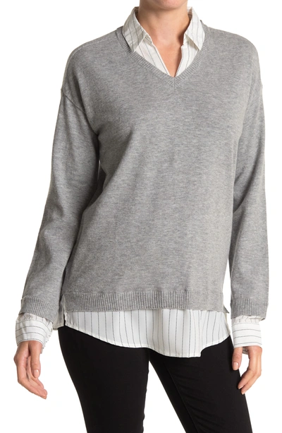 Adrianna Papell Twofer V-neck Sweater In H Grey Navy Vertical Pinstripe