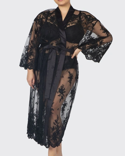 Rya Collection Plus Size Darling Long Embroidered Lace Robe In Black
