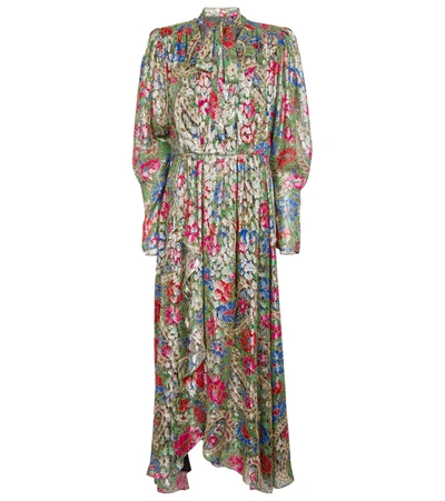 Isabel Marant Nalisma Metallic Floral Puff Long Sleeve Silk Dress In Print