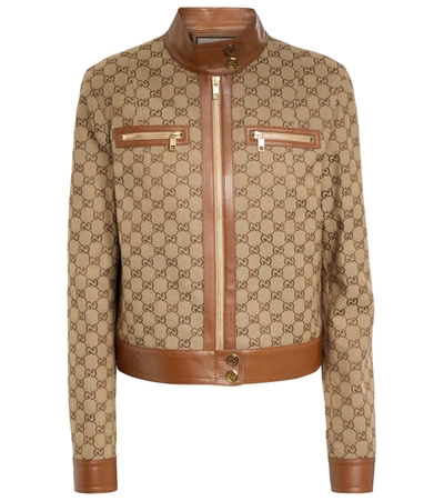 Gucci Cotton Blend Logo Jacket W/ Leather Trim In Beige