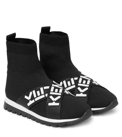 Kenzo Kids' Flyknit Logo Strap High-top Trainers In Black