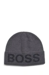 Hugo Boss Cotton Blend Beanie Hat With Logo Structure In Grey