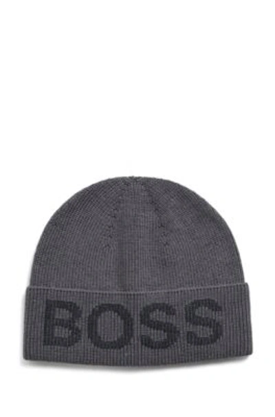 Hugo Boss Cotton Blend Beanie Hat With Logo Structure In Grey