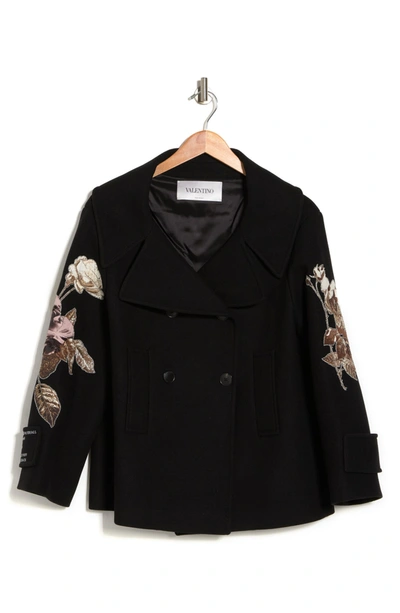 Valentino Floral Embroidered Double Breasted Wool Peacoat In Black Multi