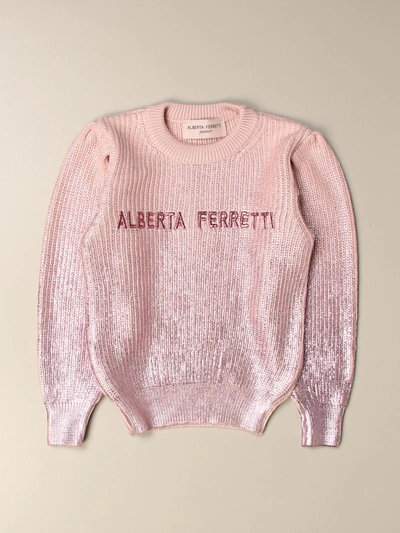 Alberta Ferretti Junior Kids' Crewneck Sweater In Laminated Wool Blend In Pink