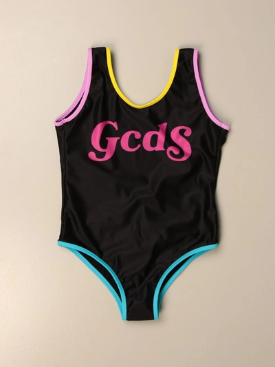 Gcds Teen Contrast-trim Logo Print Swimsuit In Black
