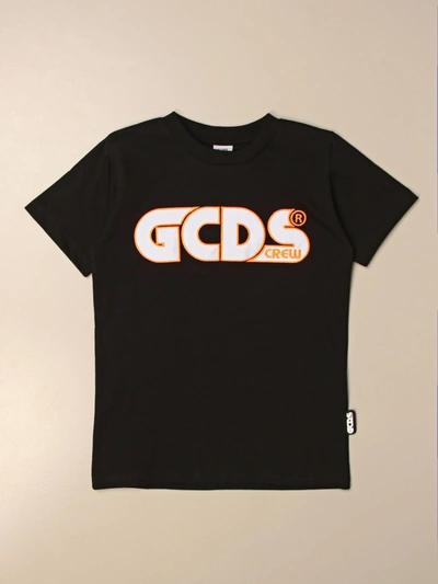 Gcds Kids' Cotton T-shirt With Logo Print In Black