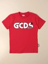 Gcds Kids' Short Sleeve Crewneck T-shirt With Logo And Fluorescent Lettering In Red