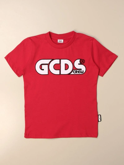 Gcds Kids' Short Sleeve Crewneck T-shirt With Logo And Fluorescent Lettering In Red