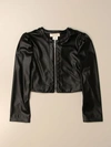 Twinset Kids'  Crewneck Jacket In Synthetic Leather With Logo In Black