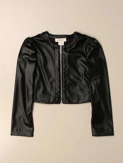 Twinset Crewneck Jacket In Synthetic Leather With Logo In Black
