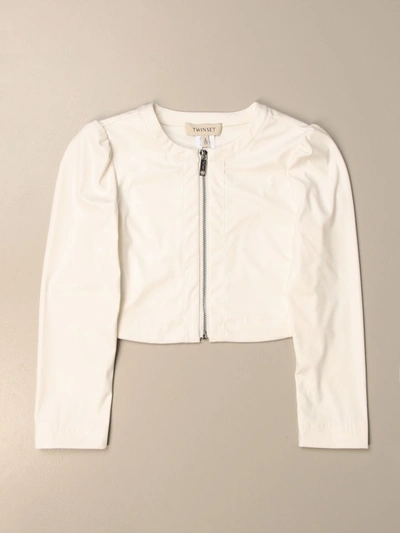 Twinset Kids'  Crewneck Jacket In Synthetic Leather With Logo In White