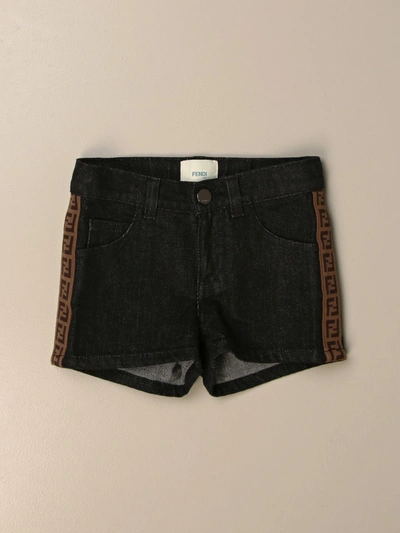 Fendi Teen Logo-trim Denim Shorts In Black