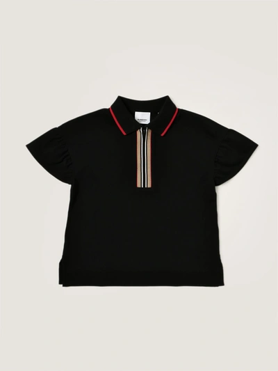 Burberry Kids' Icon Stripe棉质珠地布polo衫 In Black