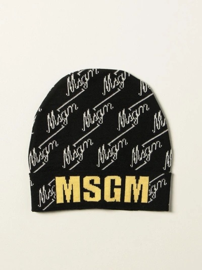 Msgm Hat With All Over Logo In Black