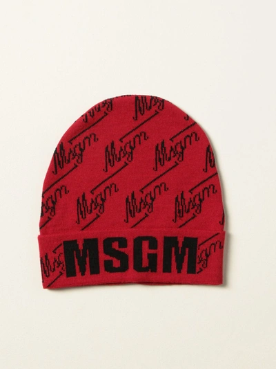 Msgm Hat With All Over Logo In Red