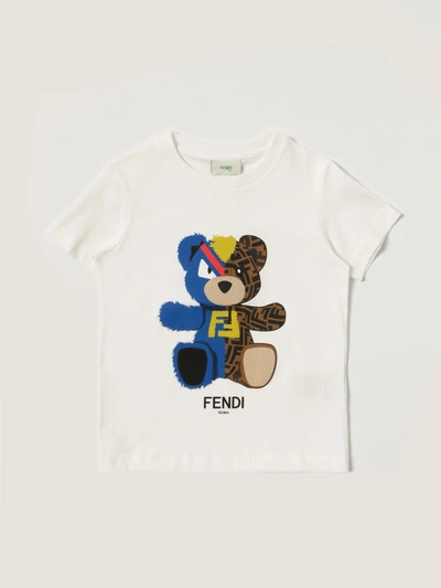 Fendi Kids' Cotton Tshirt With Teddy Bear In White