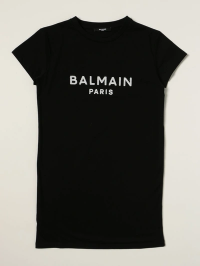 Balmain Kids' Cotton T-shirt Dress With Logo In Black