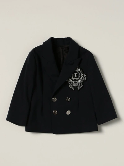 Balmain Babies' Double-breasted Jacket With Crest In Blue