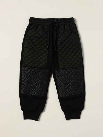 Burberry Kids' Jogging Trousers In Cotton With Quilted Monogram Panels In Black