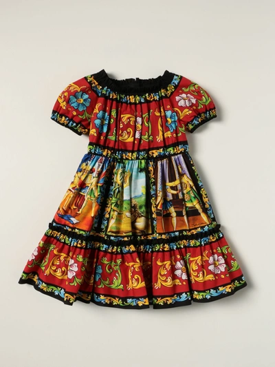 Dolce & Gabbana Kids' All Over Print Ruffled Cotton Dress In Multicolor