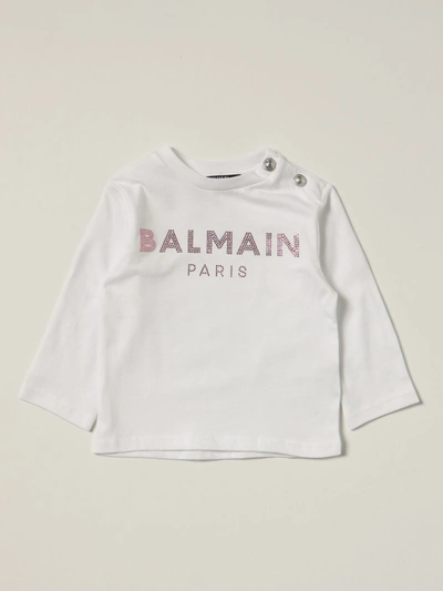 Balmain Babies' T-shirt With Rhinestone Logo In White