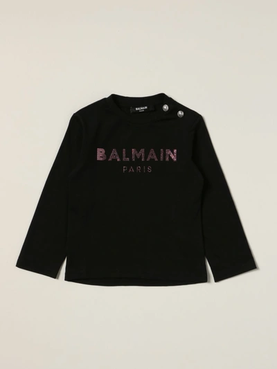 Balmain Babies' Tshirt With Rhinestone Logo In Black