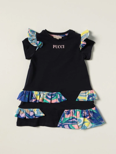 Emilio Pucci Babies' Cotton Jersey Dress W/ Ruffles In 海军蓝