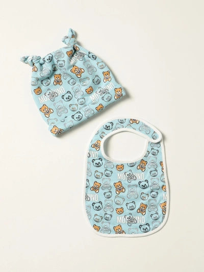 Moschino Baby Babies' Beanie Hat + Bib Set In Gnawed Blue
