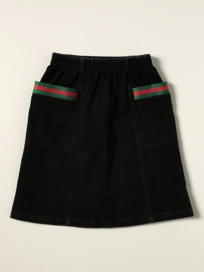 Gucci Kids' Denim Skirt With Web Bands In Black
