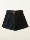 Balmain Kids Shorts In Blue And Black Denim With Monogram Buckle In Black