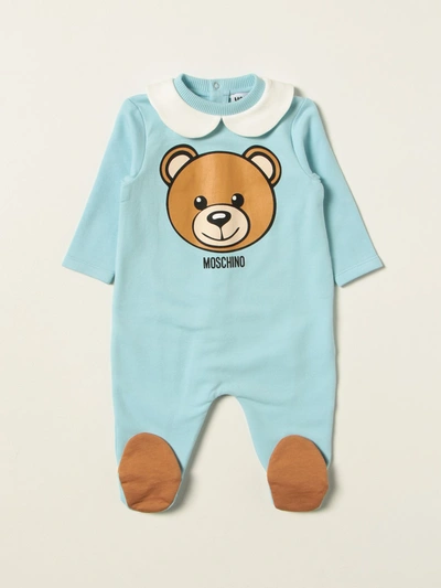 Moschino Baby Babies' Footed Jumpsuit With Teddy In Gnawed Blue