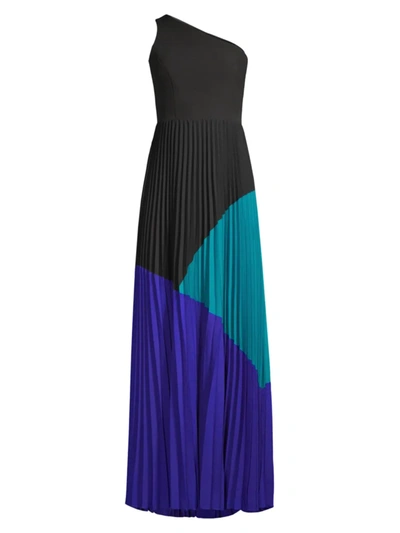Aidan Mattox Colorblock One-shoulder Gown In Teal Multi