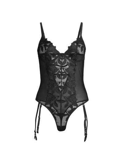 Fleur Du Mal Lily Satin Embroidered Bodysuit In Black